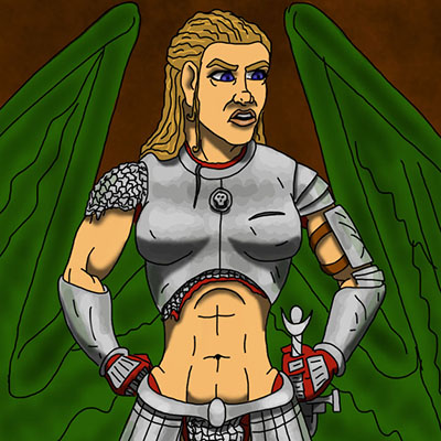 A portrait of an Angel in armor, posed powerfully.