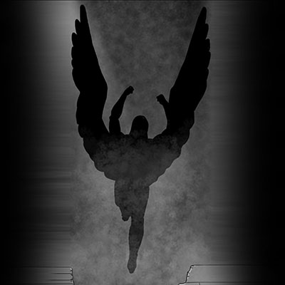 A silhouette of an Angel taking flight before a smoky background.