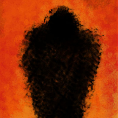 Image of black smoke assembling into humanoid form before a background of fire.